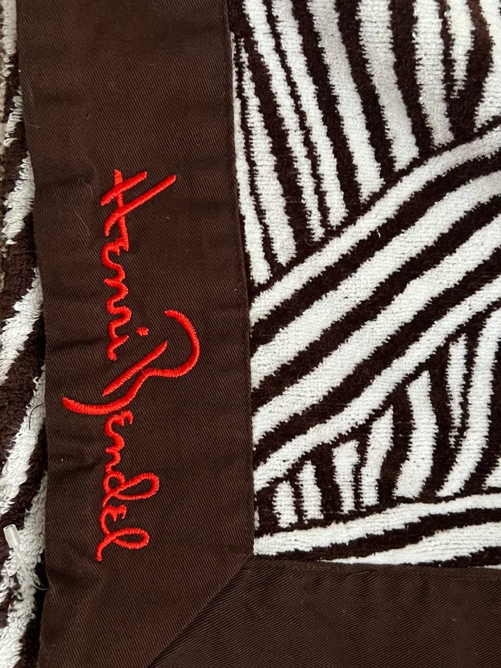 Ultra Luxury Henri bendel Brown Towel with Red Embroidered Signature RARE